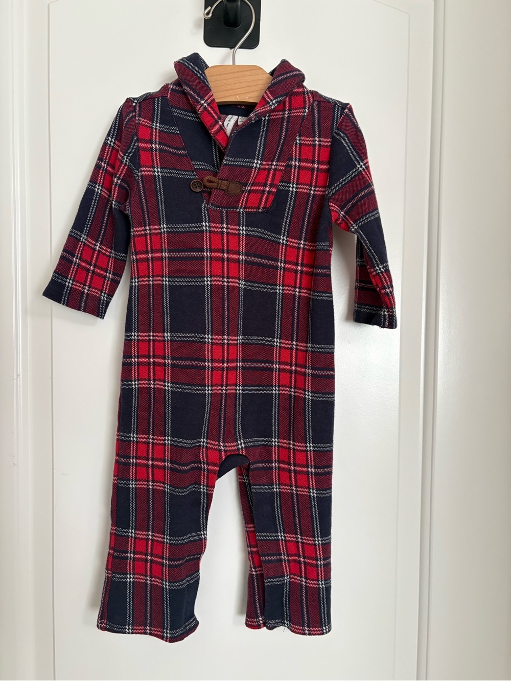 Janie and Jack baby boy Red and Navy Plaid Shawl Collar romper